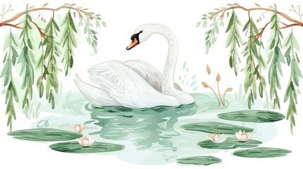 Obraz premium A kawaii water color of an elegant swan, gliding gracefully on a serene lake surrounded by weeping willows, Clipart isolated on white