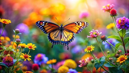 Beautiful background featuring a colorful butterfly flying amongst flowers and foliage