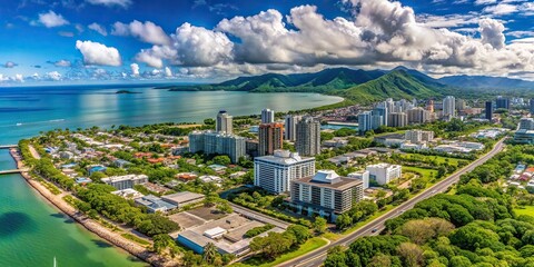 A panoramic aerial view of Cairns cityscape showcasing skyscrapers, tropical greenery, and the ocean