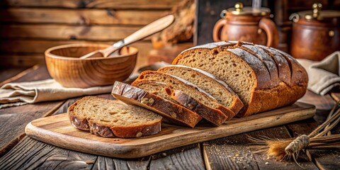 Freshly cut brown bread slices on a wooden cutting board in a cozy bakery atmosphere - Powered by Adobe