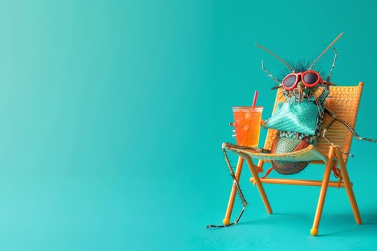 A mosquito wearing a summer outfit with sunglasses and a drink, lounging in a chair, against a teal background with copy space