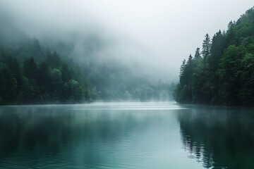 Enveloping mist emoji over a serene lake