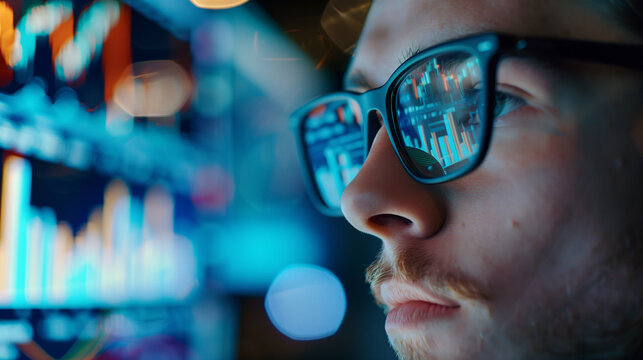 A man in glasses analyzes stock market data, data is reflected in his glasses, business, data analysis