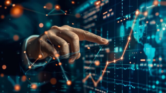 A person in a suit pointing at an upwardtrending graph line