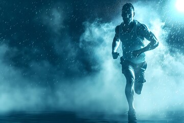 Fototapeta premium A muscular man running through the rain, captured in a dynamic and dramatic moment