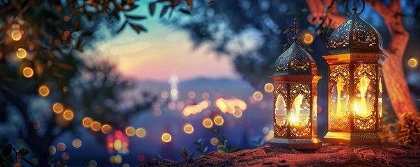 Obraz premium Elegant Eid Mubarak wallpaper, lanterns glowing, peaceful night