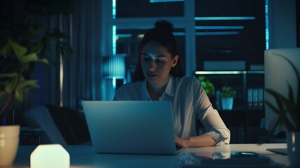 Stylish Female Working on Laptop Computer in a Company Office in the Evening Young Manager Browsing Internet Shopping Online and Reading Social Media Posts from Friends and Colleagues : Generative AI