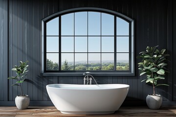 Modern freestanding bathtub by a large window, offering a luxurious and tranquil bathing experience with a scenic view