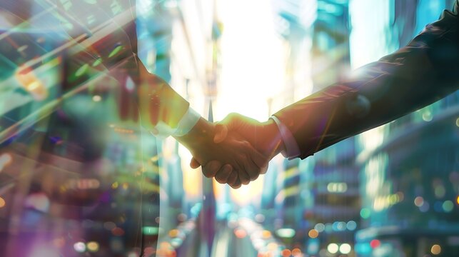 Businessmen making handshake in the city  business etiquette congratulation merger and acquisition concepts panoramic banner : Generative AI