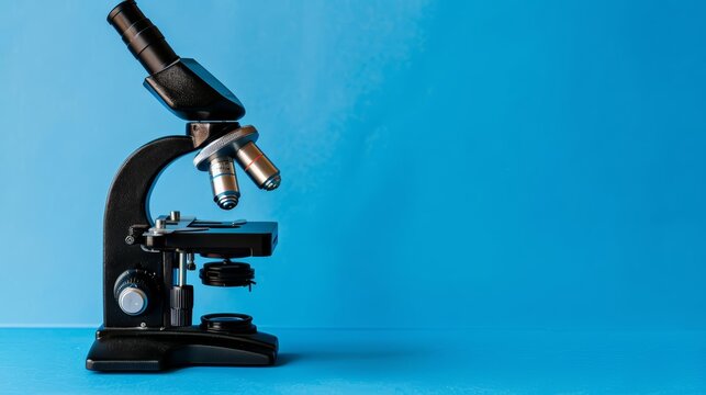 A single microscope on a solid color backdrop with copy space