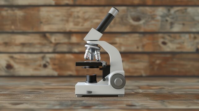 A single microscope on a wooden background with a blurred backdrop suitable for advertising