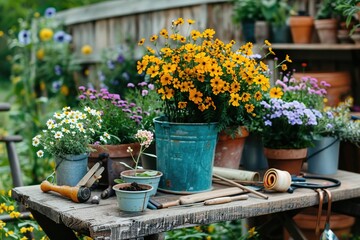 Gardening, different spring and summer flowers, gardening tools on garden table