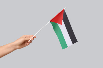 Female hand with flag of Palestine on grey background