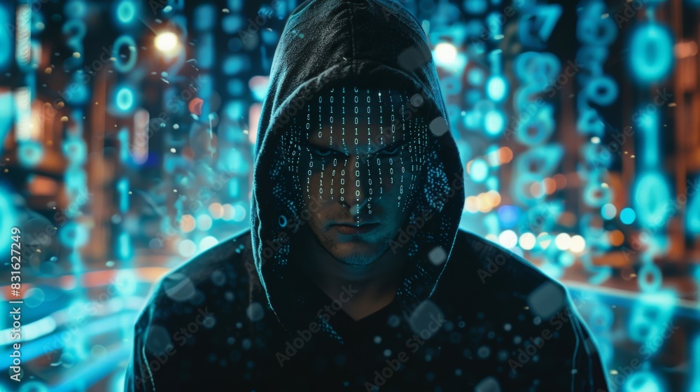 Poster a man in a hoodie is staring at the camera with a face made of lights, hacker and digital code conce