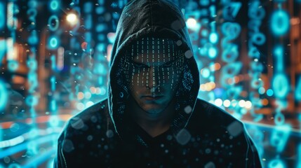 A man in a hoodie is staring at the camera with a face made of lights, hacker and digital code concept