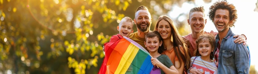 Fototapeta premium Happy diverse family celebrating LGBTQ pride, holding rainbow flag outdoors on a sunny day, symbolizing love, unity, and acceptance.