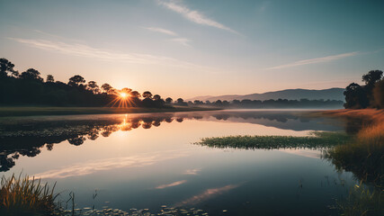 Obraz premium Serene minimalist landscape with reflective water at sunrise, Generative AI