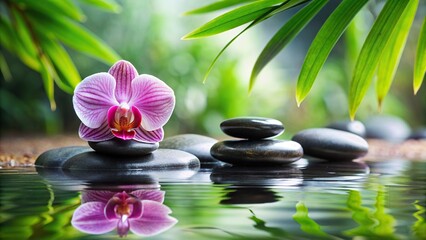 Spa stones and beautiful orchid in serene setting