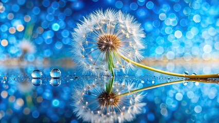 Dandelion flower reflecting on water droplets in a mirror on a vibrant blue background