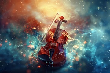 Fototapeta premium A single violin with imaginative elements, a unique background, and advanced themes to evoke a sense of wonder with a blurry backdrop and copy space