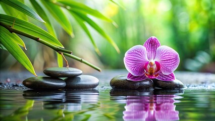Spa stones and beautiful orchid in serene setting