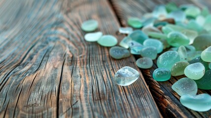 Assorted sea glass pieces on wooden surface