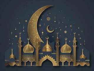 Modern minimalist Ramadan Kareem greeting, crescent and star design