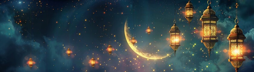 Ramadan Kareem background, elegant arabesque patterns, moonlight scene