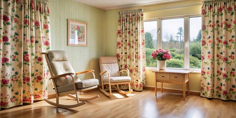 Empty nursing home room with floral curtains and a rocking chair