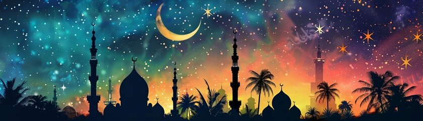 Fototapeta premium Ramadan Kareem card, mosque silhouette, starry night, peaceful vibes