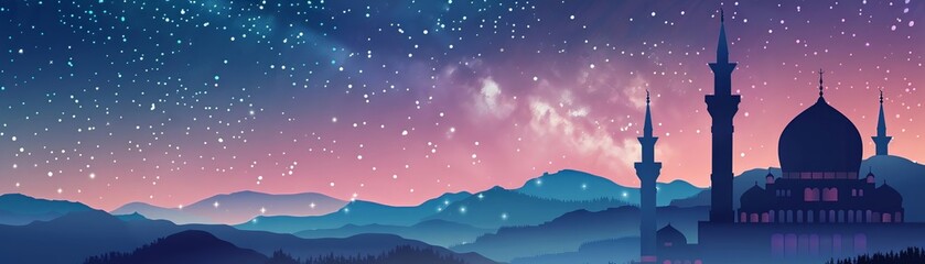 Ramadan Kareem card, mosque silhouette, starry night, peaceful vibes