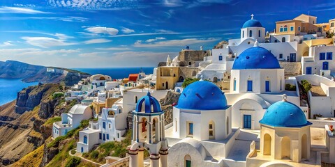 Beautiful traditional white-washed buildings with blue domes in Oia, Santorini, Greece