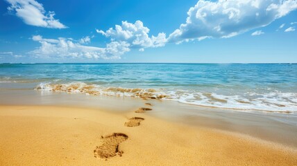 Obraz premium Footprints on sunny sandy beach with clear blue sky
