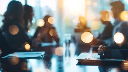 Defocused bokeh effect positive concept background of unrecognizable people diverse business team meeting of young professionals corporate startup : Generative AI