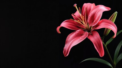 Pink lily with green leaves against dark background
