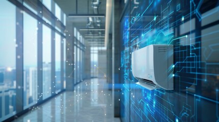 An air conditioning unit in a commercial building that automatically schedules maintenance based on data gathered from temperature and humidity sensors optimizing efficiency and reducing