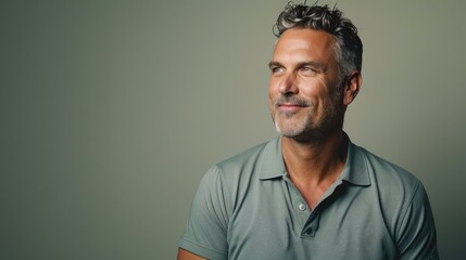 Middle aged attractive man in a casual polo shirt poses confidently with a relaxed expression and a genuine smile looking to the side