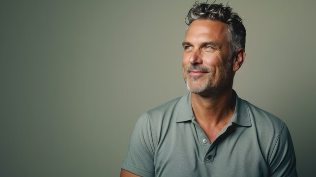 Middle aged attractive man in a casual polo shirt poses confidently with a relaxed expression and a genuine smile looking to the side - Powered by Adobe