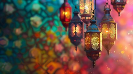 Vibrant Islamic wallpaper, colorful lanterns, festive Raya atmosphere