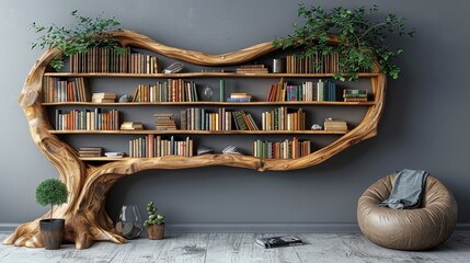 a wooden book shelf with books and plants on it