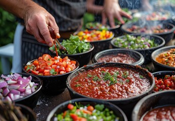 Obraz premium Close-up of hands preparing barbeque sauce with bowls of ingredients around. In the background, people are grilling, highlighting the collaborative and festive spirit of the barbeque.