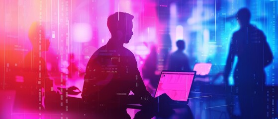 Angel investors evaluating a crowdfunding campaign for a new B2B platform, illustrated in synth wave styles with a blurry background of a tech conference