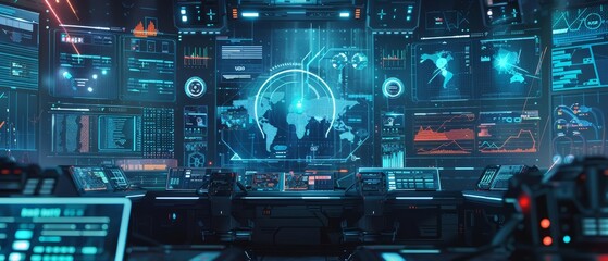 Fototapeta premium Banner for business featuring a venture capital pitch for a new B2B solution, illustrated in cyberpunk styles with a futuristic HUD concept