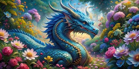 Detailed of a mythical blue dragon nestled among a garden of blooming flowers