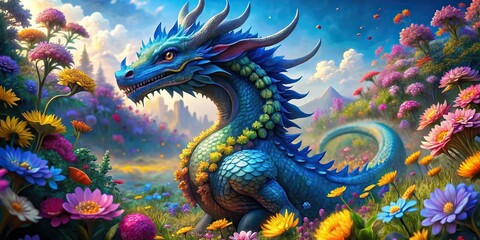 of a majestic blue dragon surrounded by colorful flowers