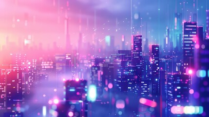 Banner for business showcasing a social enterprises impact report, illustrated in synth wave styles with a hitech concept and a blurry urban background