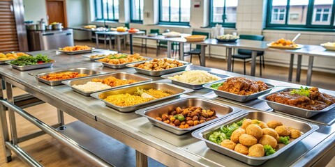 A laid table with trays of warm food ready to be served at a homeless shelter