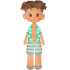 Little Boy  in Swimsuit, Summer Illustration, Summertime Clipart Hand Drawn