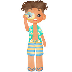Little Boy  in Swimsuit, Summer Illustration, Summertime Clipart Hand Drawn