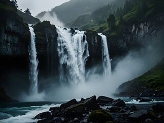 Mountain with a cascading glacier-fed waterfall, roaring and powerful, mist and spray, dynamic and energetic, generative AI